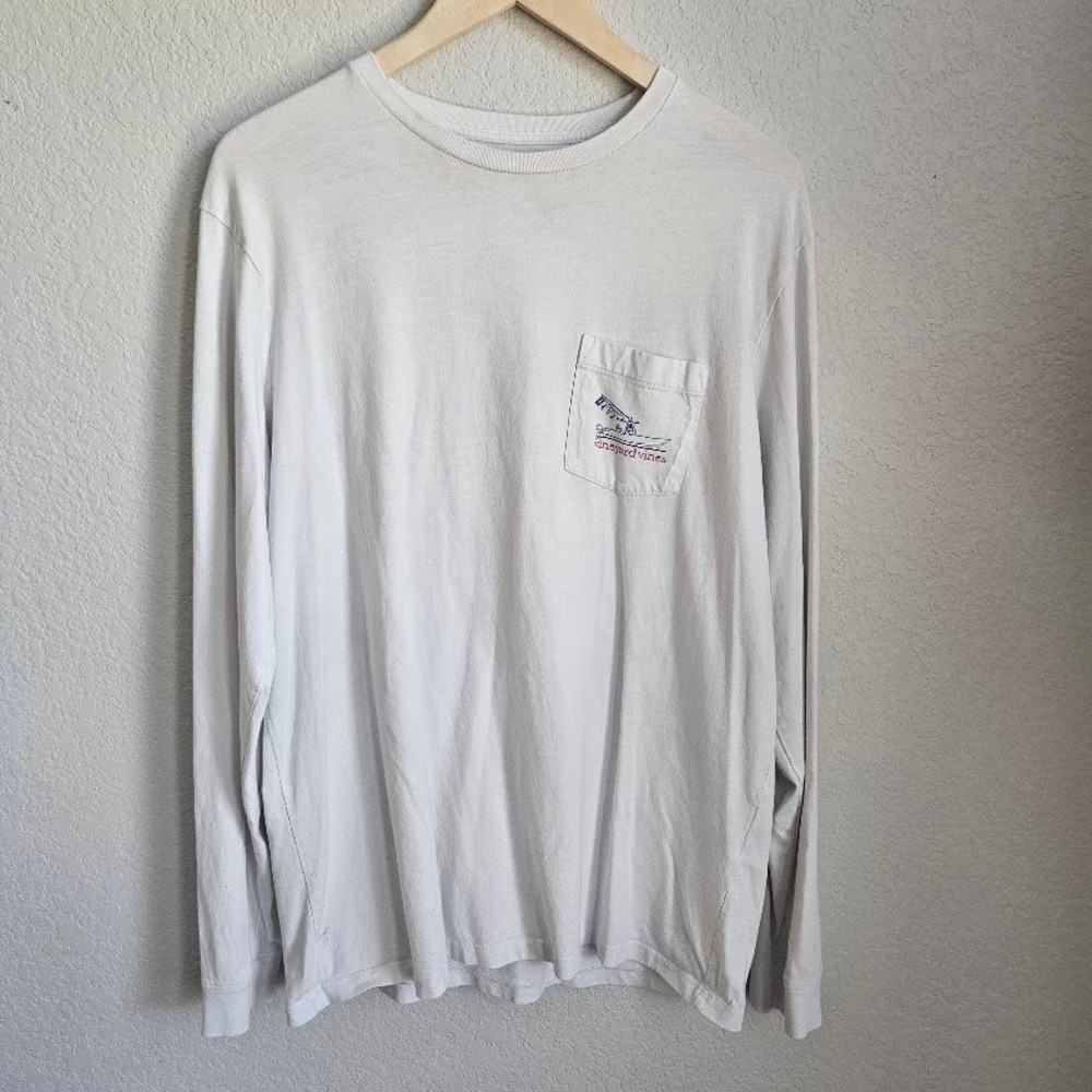 Vineyard Vines Mens Large Long Sleeve Pocket T-Shirt Fishing Boat Graphic Gray